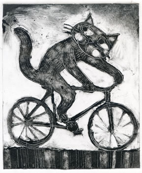 Monotype Of Cat On Bike